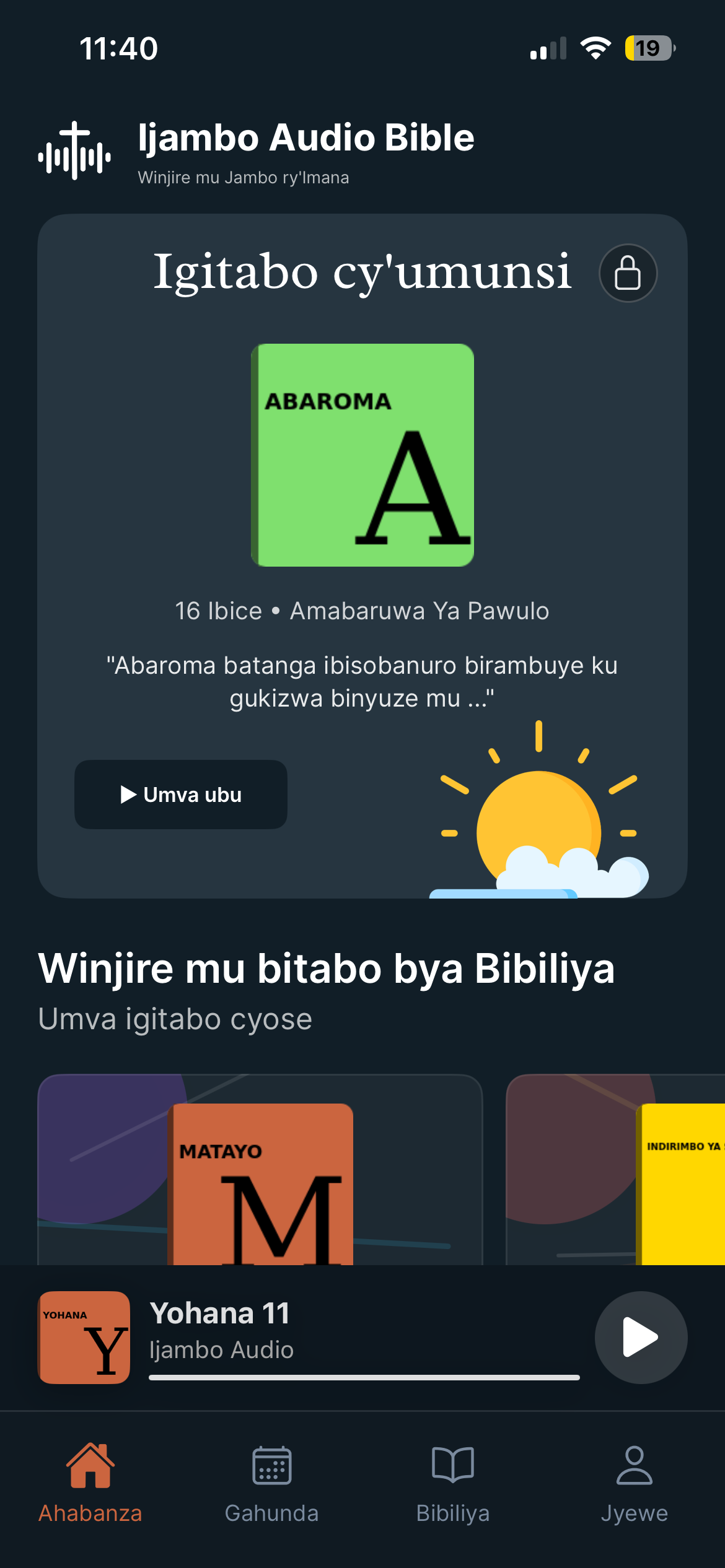 Ijambo home screen in Kinyarwanda showing Book of the Day and quick sections